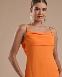 Vestido de Festa Longo Crepe Chiffon Costas Lenço Cauda Laranja