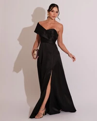Vestido de Festa longo Faixa Ombro e Fenda Zibeline Preto