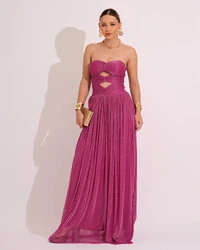 Vestido de Festa Longo Tule Brilho Tomara que Caia Recortes Fúcsia