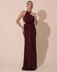 Vestido de Festa Longo Malha Jersey Gola Alta Saia Sereia Marsala