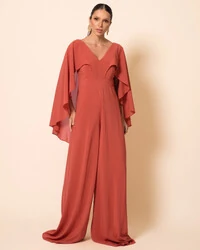 Macacão de Festa Longo Crepe Chiffon com Capa Terracota