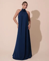 Vestido Longo Crepe Chiffon Frente Única Fluido Flor Removível Azul Marinho