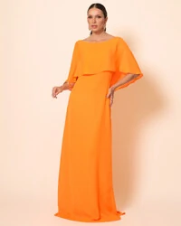 Vestido de Festa Longo Crepe Chiffon com Capa e Degagê nas Costas Laranja