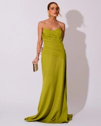 Vestido de Festa Longo Alfaiataria Tomara que Caia Drapeado Faixa Verde Pistache