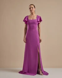 Vestido de Festa Longo Crepe Chiffon Manga Babado e Fenda Fúcsia