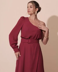 Vestido de Festa Longo um Ombro Só Manga Longa com Cinto Cereja