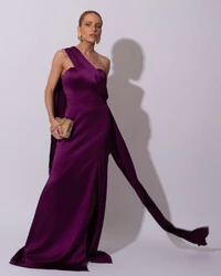 Vestido de Festa Longo Cetim Alfaiataria Tomara que Caia com Faixa Lenço Roxo