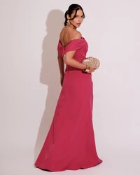 Vestido de Festa Longo Ombro a Ombro com Fenda em Alfaiataria Pink