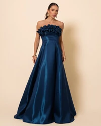 Vestido de Festa Longo Cetim Cristal Tomara que Caia com Flor 3D Verde Escuro