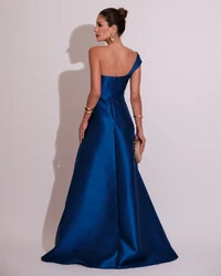 Vestido de Festa Longo Zibeline um Ombro Só Mullet Azul Royal