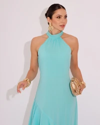 Vestido de Festa Longo Decote Halter com Babados Tiffany