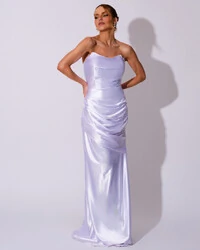 Vestido de Festa longo Cetim Malha Metálico Tomara que Caia Detalhe Drapeado Branco