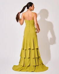 Vestido Longo Crepe com Babado em Camadas Verde Pistache