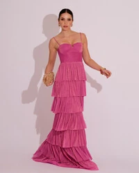 Vestido Longo de Festa Longo Tule Glitter com Camadas Pink