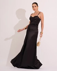Vestido de Festa Longo Cetim Alfaiataria Fenda Drapeada Preto