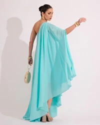 Vestido de Festa um Ombro com Capa Crepe Fluido Tiffany