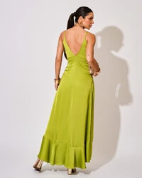 Vestido Midi Babado Acetinado Verde Lima