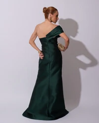 Vestido de festa Longo Zibeline Faixa Drapeada Ombro e Fenda Verde Escuro