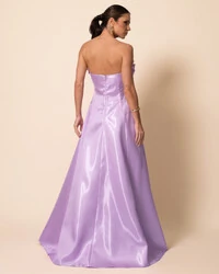 Vestido de Festa Longo Cetim Cristal Tomara que Caia com Flor 3D Lilás