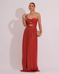 Vestido de Festa Longo Tule Brilho Tomara que Caia Recortes Terracota