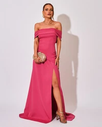 Vestido de Festa Longo Alfaiataria Ombro a Ombro Drapeado com Fenda Pink