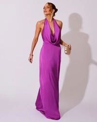 Vestido de Festa Longo Frente Única Degagê Cetim Fluido Fúcsia