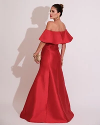 Vestido de Festa Longo Ombro a Ombro Zibeline com Babado Vermelho