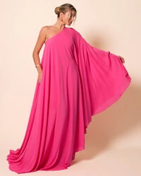 Vestido de Festa um Ombro com Capa Crepe Fluido Pink New