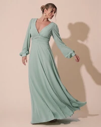 Vestido de Festa Manga Longa com Cintura Drapeada Decote Verde Menta