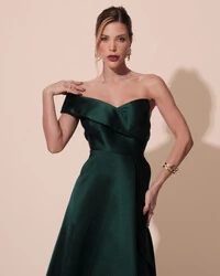 Vestido de Festa Longo Zibeline um Ombro Só Mullet Verde Escuro