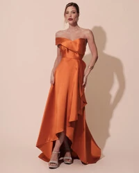 Vestido de Festa Longo Zibeline um Ombro Só Mullet Terracota