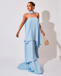 Vestido de Festa Longo Chiffon Crepe em Camadas com Lenço Serenity