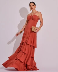 Vestido Longo Frente Única em Crepe com Babados e Camadas Terracota