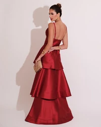 Vestido de Festa Longo Zibeline em Camadas Decote em V com Alças Marsala