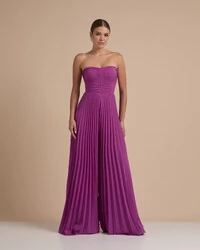 Macacão de Festa Longo Crepe Chiffon Tomara que Caia Plissado com Lenço Fúcsia