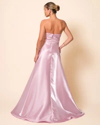 Vestido de Festa Longo Cetim Cristal Tomara que Caia Detalhe Rosa