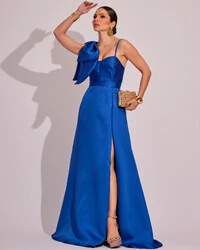 Vestido de Festa Longo em Zibeline com Laço Removível Azul Royal