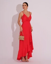 Vestido Midi Babado Acetinado Vermelho