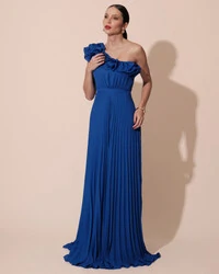 Vestido de Festa um Ombro Só Flor Saia Plissado Azul Royal