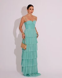 Vestido de Festa Longo Tule Glitter com Camadas Tiffany