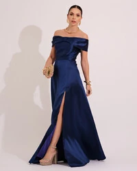 Vestido de Festa Longo Ombro a Ombro Laço Zibeline com Fenda Azul Marinho