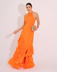 Vestido de Festa Longo Decote Halter com Babados Laranja