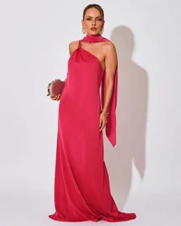 Vestido de Festa Longo em Cetim Fluido um Ombro Só com Lenço Pink