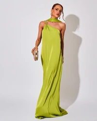 Vestido de Festa Longo em Cetim Fluido um Ombro Só Verde Lima