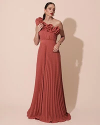 Vestido de Festa um Ombro Só Flor Saia Plissado Terracota