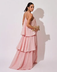 Vestido Longo Crepe Chiffon Babado em Camadas Rosa