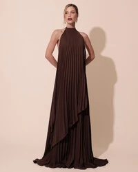 Vestidos de Festa Longo Chiffon Fluido Frente Única Plissado Duplo Marrom