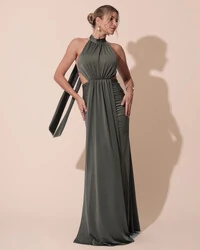 Vestido de Festa Longo Malha Jersey Gola Alta Saia Sereia Verde Oliva