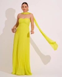 Vestido de Festa Longo Tomara que Caia Plissado com Lenço Verde Lima