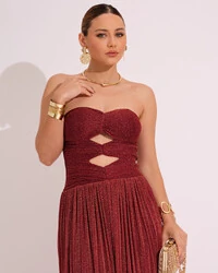 Vestido de Festa Longo Tule Brilho Tomara que Caia Recortes Marsala